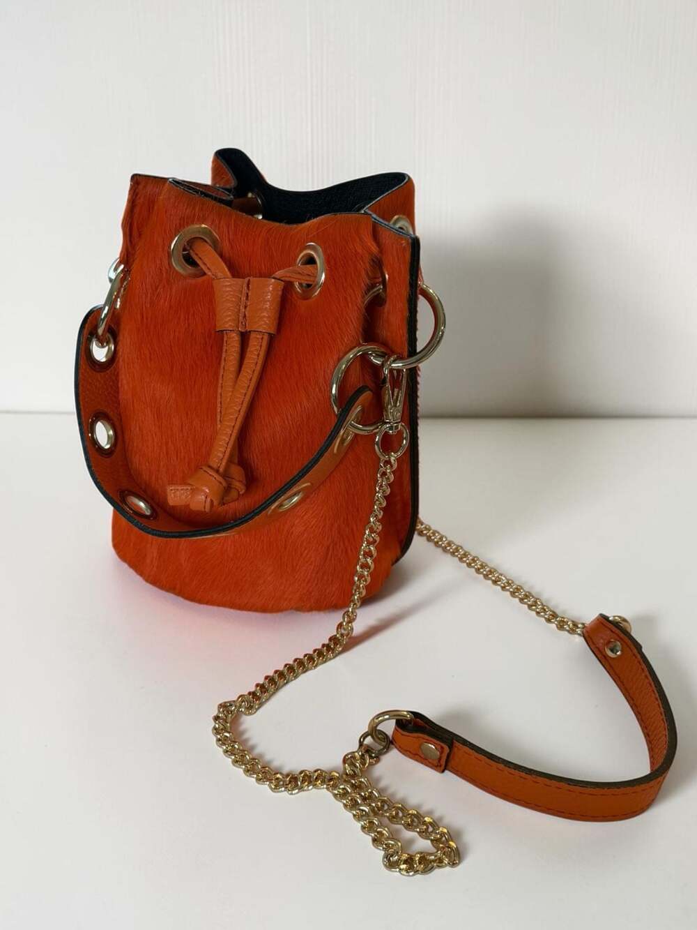 Gabriella Orange Pony Hair Bucket Bag